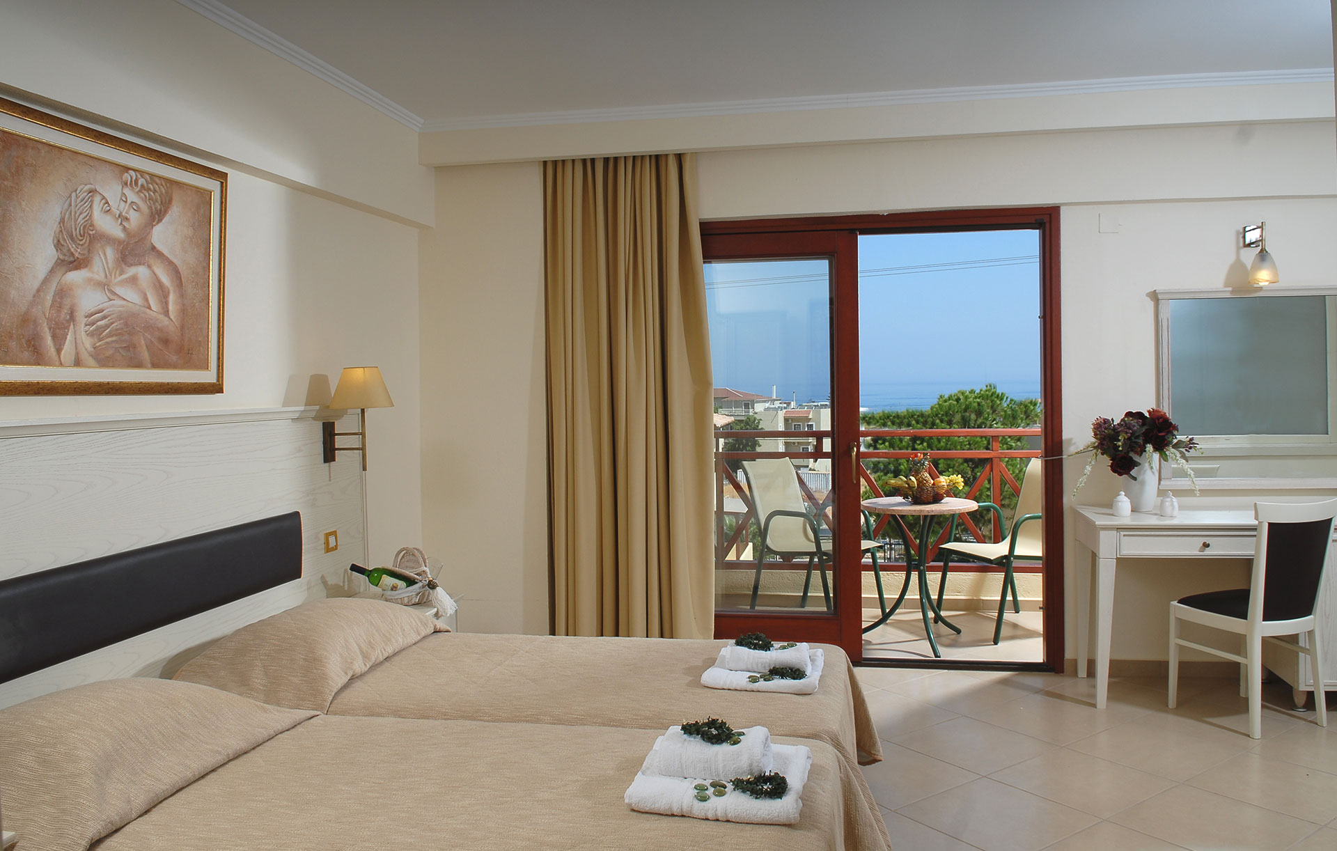 Hotel room with two beds and sea view